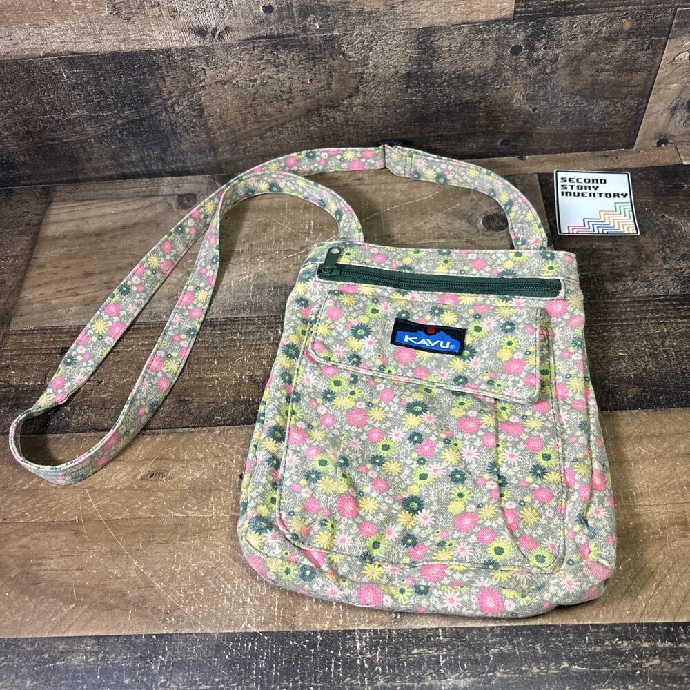 Kavu Floral Crossbody Purse Bag Green Pink Yellow Flowers